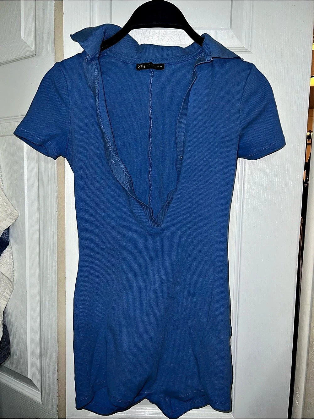 Zara Ribbed Polo Style Short Jumpsuit Blue